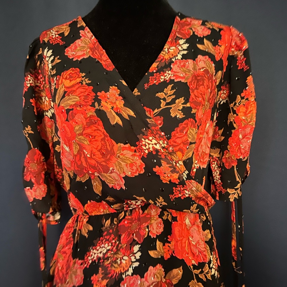 Torrid faux wrap dress with tie sleeve accent